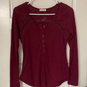 Burgundy Long Sleeve Lace Detail Top